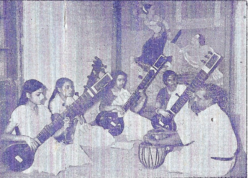 Archival photograph of students learning sitar at Kala Bharti, Prayag, founded by Prof. Sukhvir Sanghal